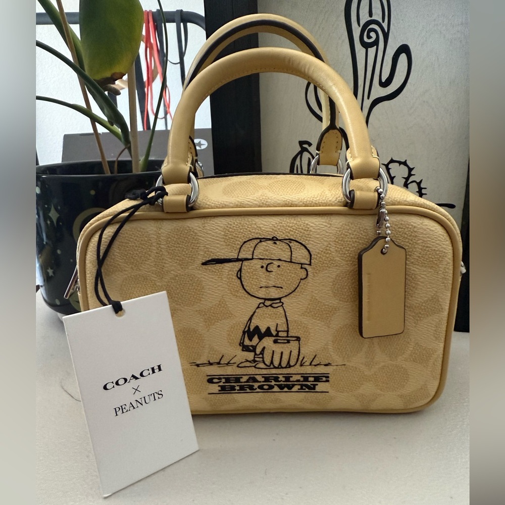 Coach X Peanuts Satchel Crossbody Bag In Signature Canvas With Charlie Brown - Picture 8 of 14